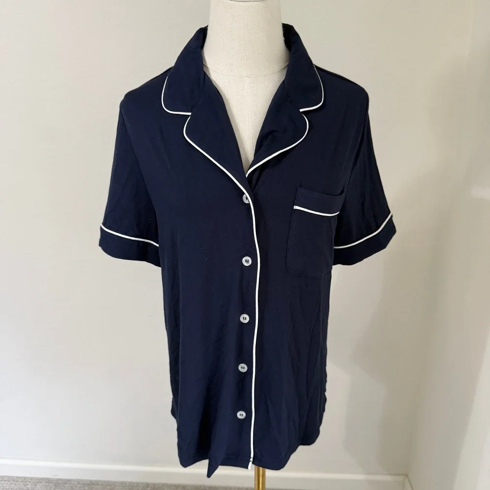 NWT Cozy Earth Women's Navy Blue Short Sleeve Classic Pajama PJ‎ Top XS Bamboo